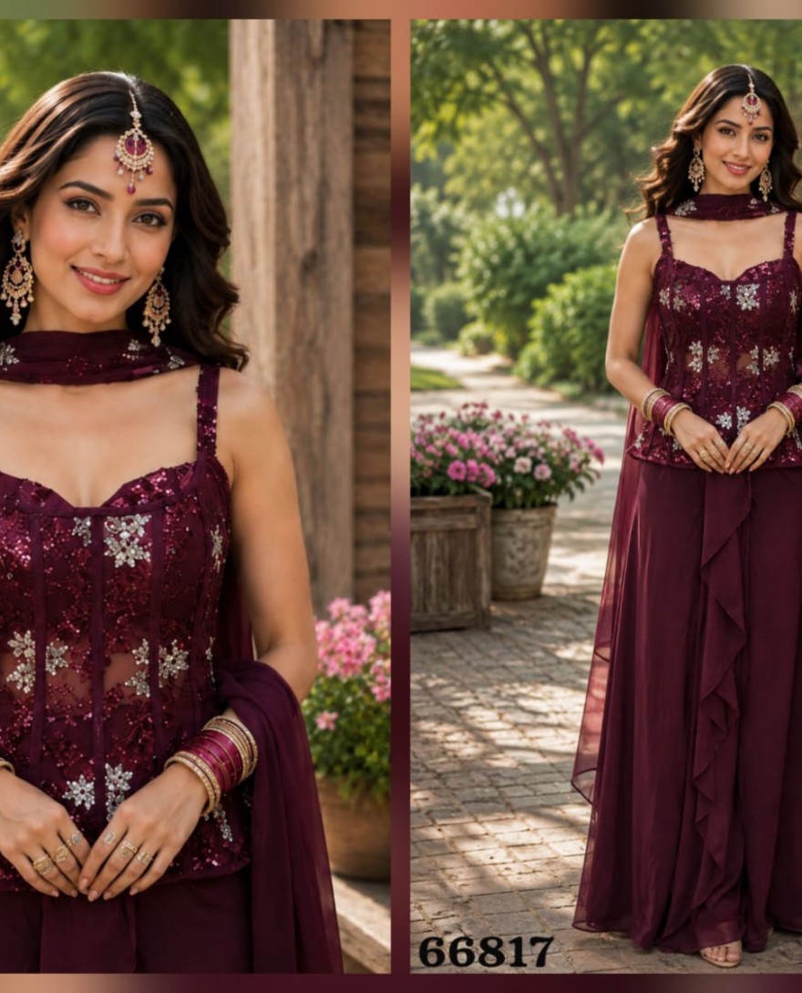 66817 - Lycra Embroidered Indo-Western in Wine Colour